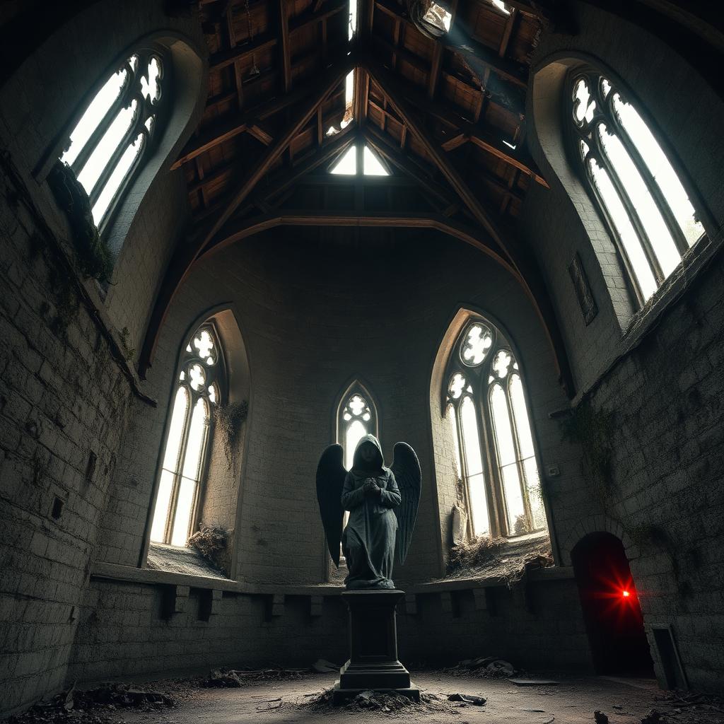 The ruined chapel interior at Zombie Land, with its hooded stone angel