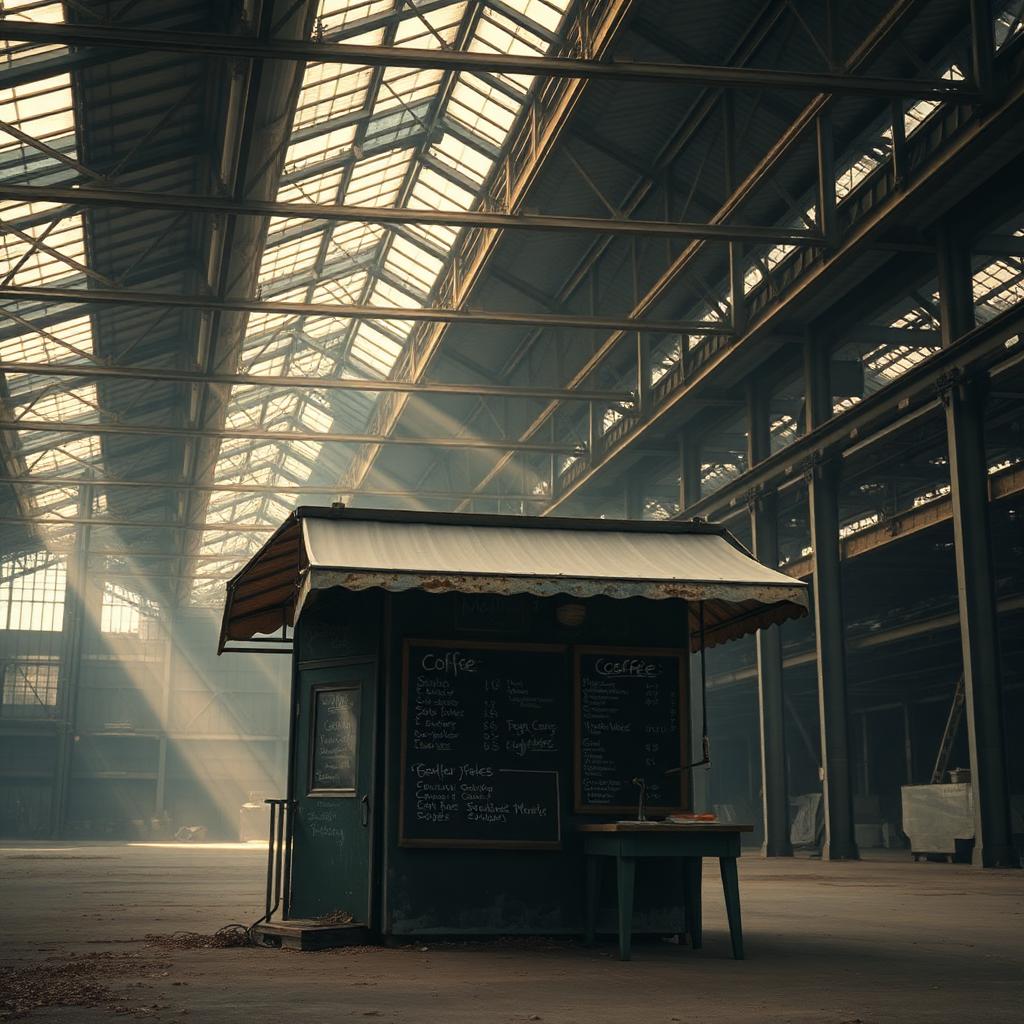 The Last Order, the abandoned coffee kiosk under the warehouse skylights
