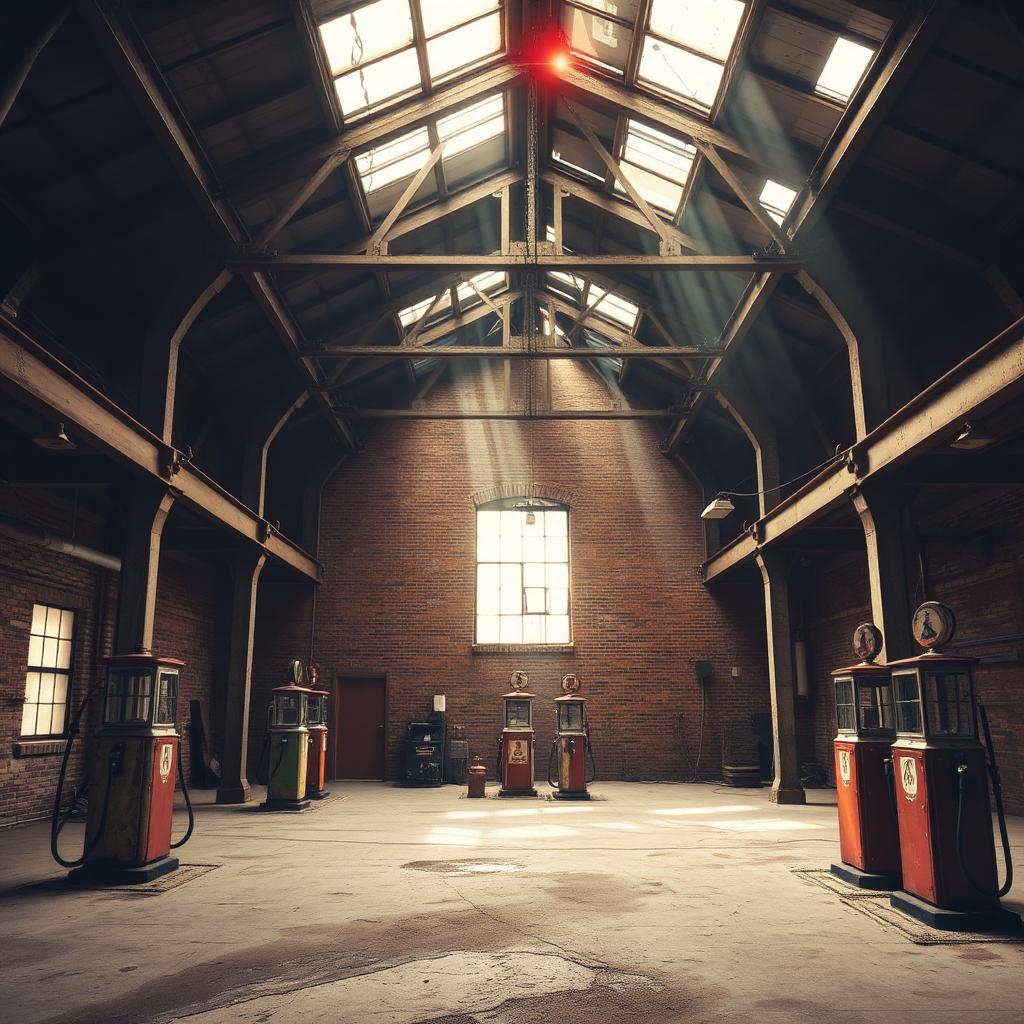 The abandoned gas station with vintage pumps under a broken skylight