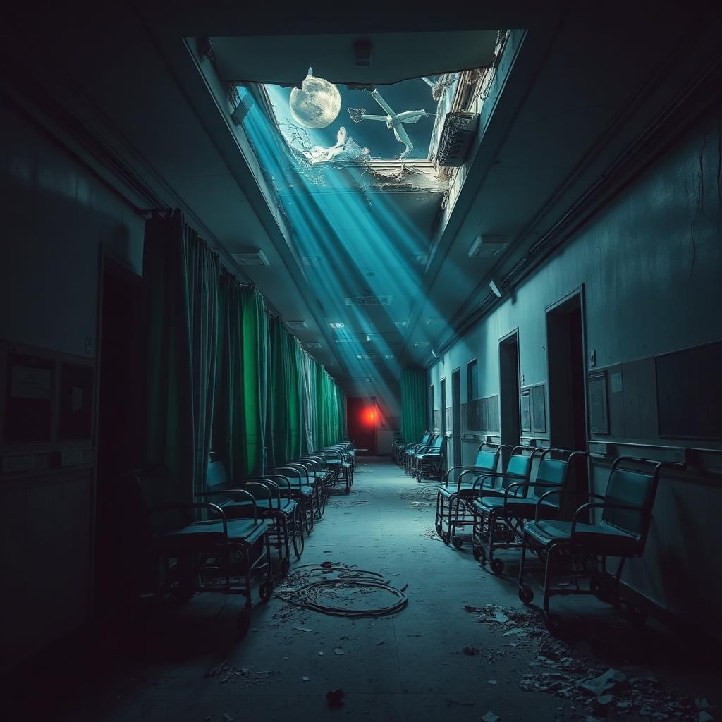The hospital corridor known as Silent Breach, lit through a broken skylight
